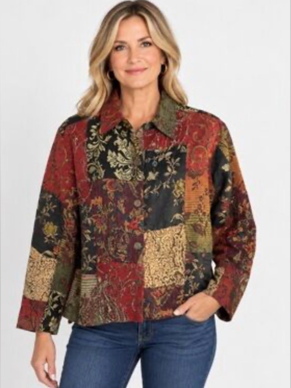 Chico's Tapestry Patchwork Blazer Jacket Red Black Gold Multi Vintage 2/Large